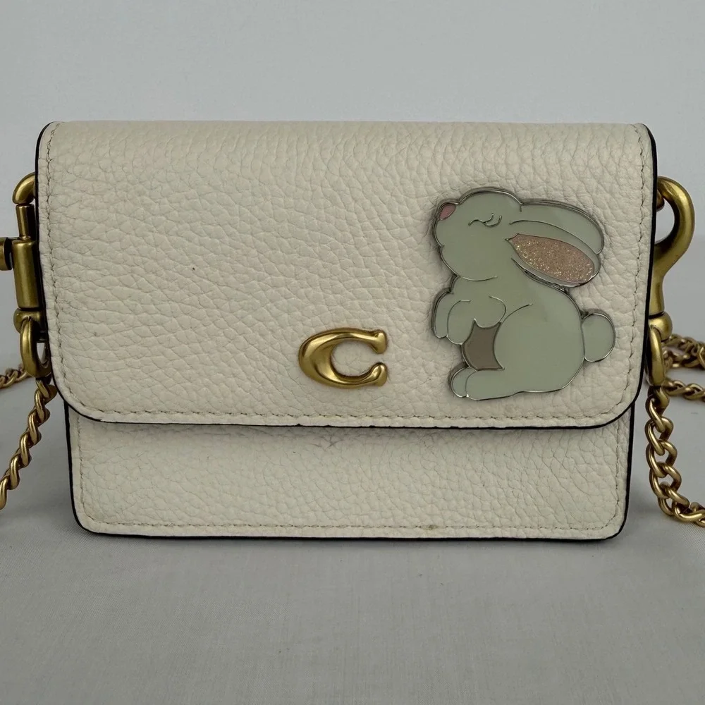 Coach Bunny Card Case on Chain White Pebbled Leather Mini Bag AXP 4